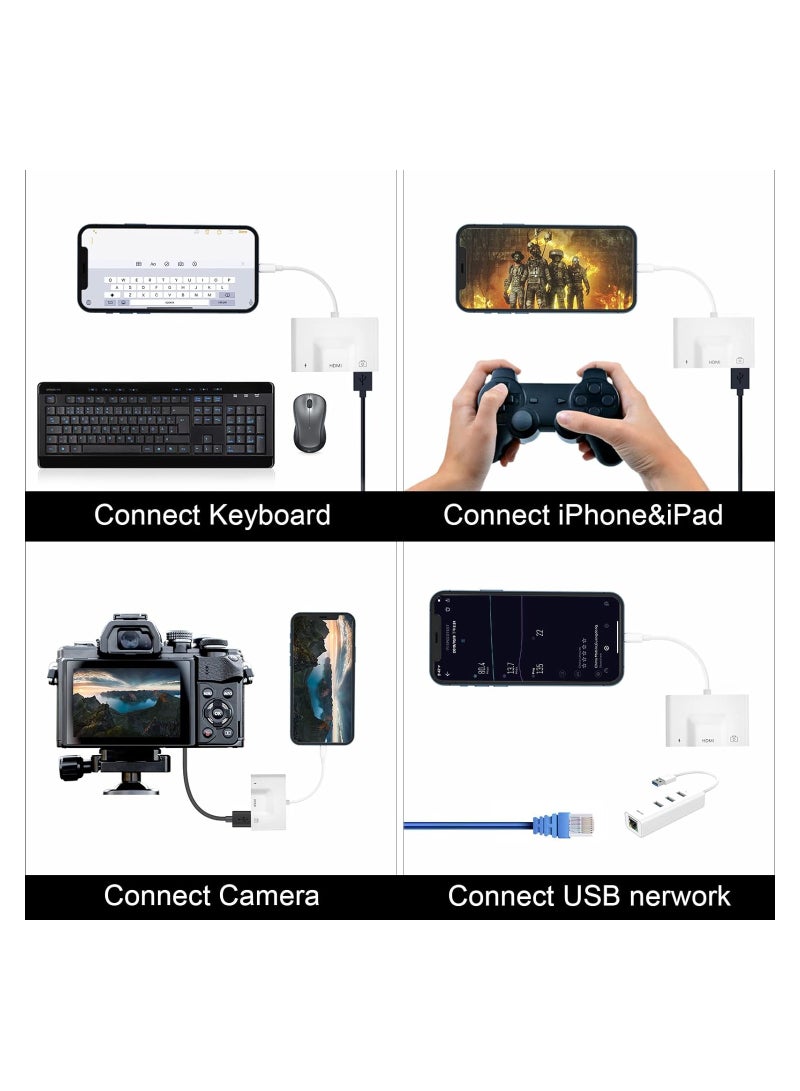 محول كاميرا Lightning إلى USB HDMI مع منفذ طاقة 3 في 1 كابل OTG متوافق مع iPhone 12 11 X 8 7 iPad 1080P شاشة AV الرقمية وجهاز عرض ولوحة مفاتيح وماوس MIDI Rj45 9.2-14 + - Image 4
